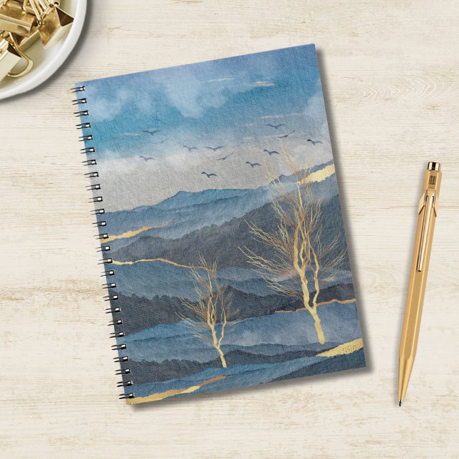 Carnet Luxe Blue Gold Mountains Arbres Oiseaux Sky Paysag (Créateur téléchargé)