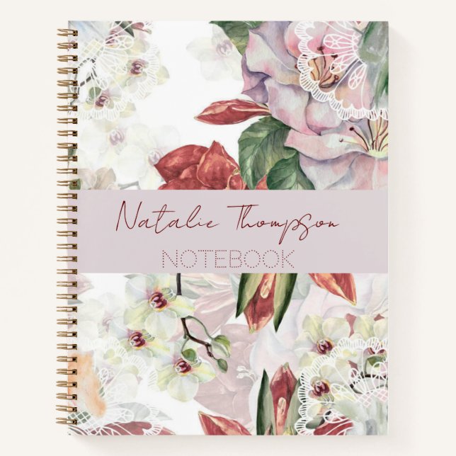 Carnet Luxe bordeaux monogrammé nom orchidée floral (Devant)