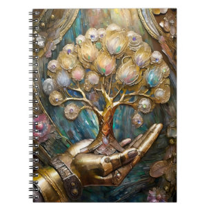 Carnet Main Robot D'Or Tenant Arbre De Vie D'Or