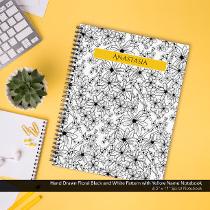 Carnet Main tirée Floral noir blanc Motif jaune Nom