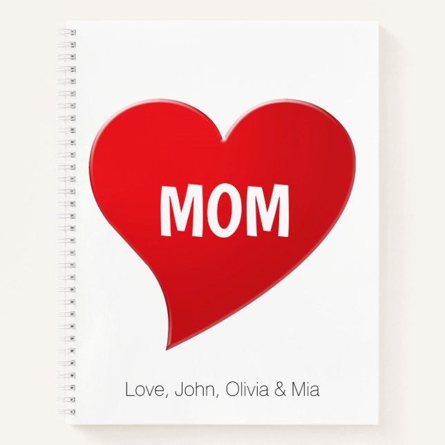 Carnet Maman personnalisée, coeur rouge lettres blanches (Devant)