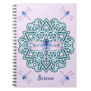 Carnet Mandala de libellule bleu violet personnalisé rose