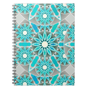 Carnet Mandala motif, turquoise, gris argenté et blanc