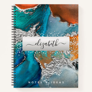 Carnet Marbre aquarelle argent turquoise orange script