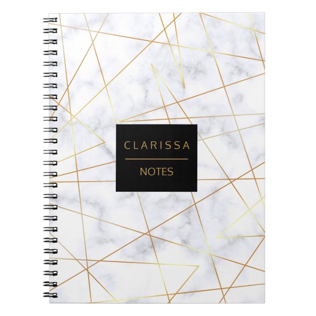 Carnet marbre blanc élégant faux or géométrique (Devant)