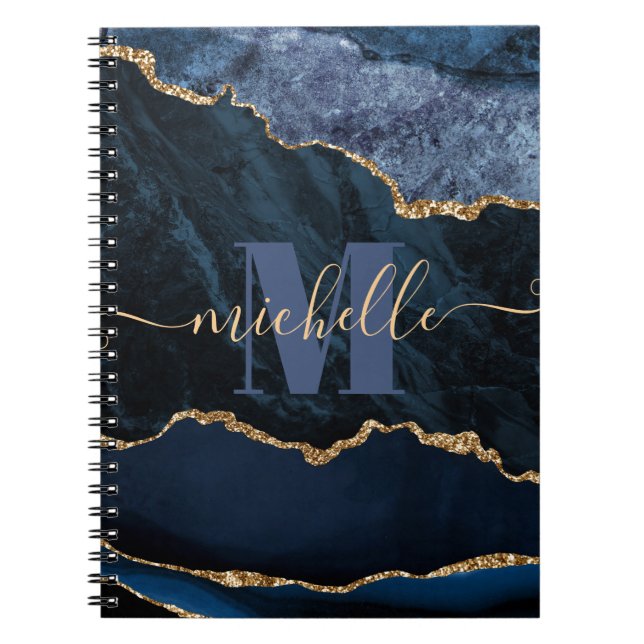 Carnet Marbre d'agate à paillettes fausses bleu et or (Devant)