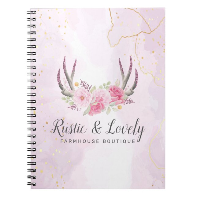 Carnet Marbre d'or rose rousse Rustique Floral Antlers Ch (Devant)
