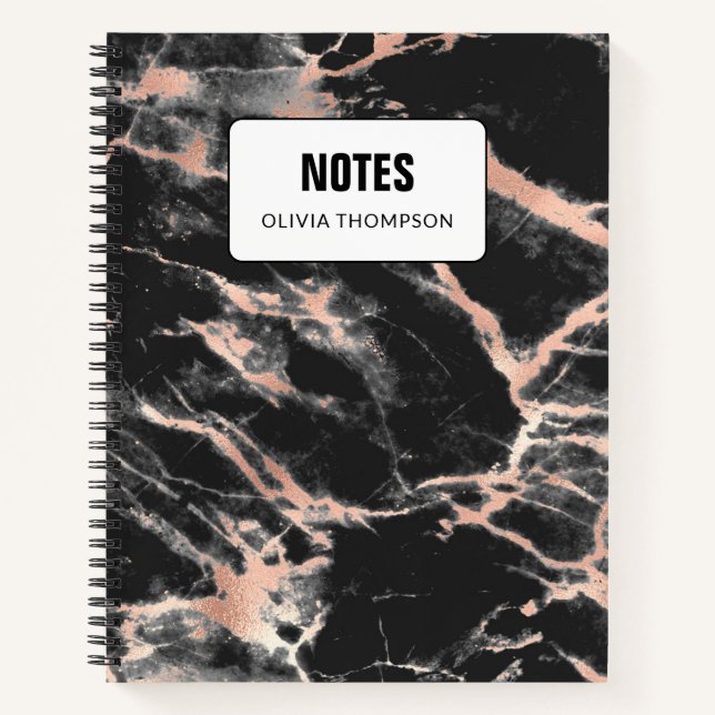 Carnet Marbre noir et or Rose Personnalisé (Devant)