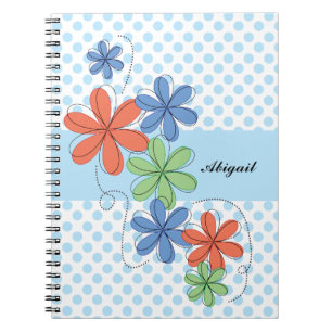 Carnet Marguerites colorées, pois bleu, personnalisé