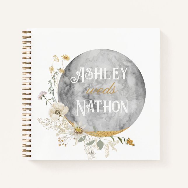 Carnet Mariage d'aquarelle or Pleine lune Fleur sauvage (Devant)