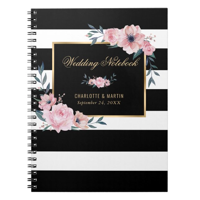 Carnet Mariage floral noir et blanc or rose (Devant)