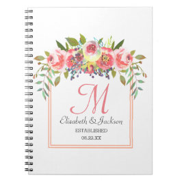 Carnet Mariage Monogramme Peach Aquarelle Florale Wreath