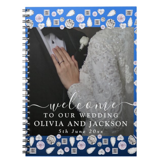 Carnet Mariage Pailleté Diamant Cœur Bleu Argenté Élégant (Devant)