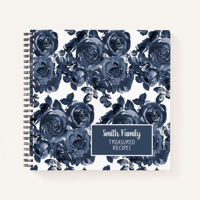 Carnet Marine bleu Indigo Aquarelle Floral Recette (Devant)