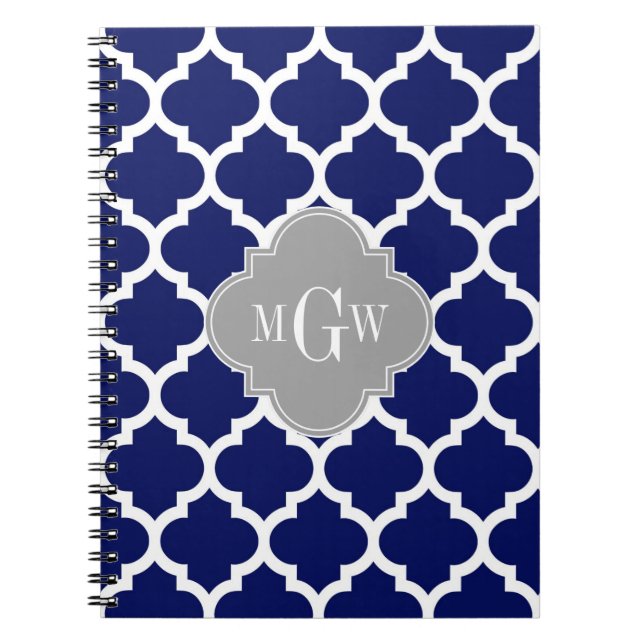 Carnet Marine Bleu Marocain #5 Gris 3 Monogramme initial (Devant)
