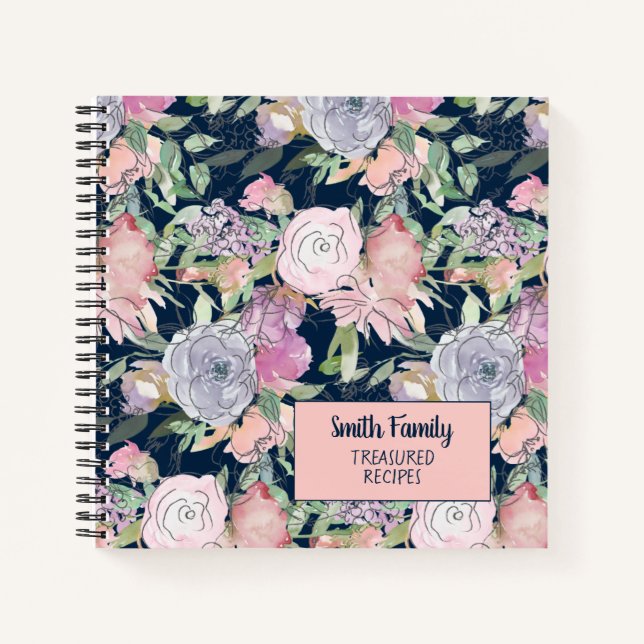 Carnet Marine bleu rose pourpre main tiré Floral Recette (Devant)