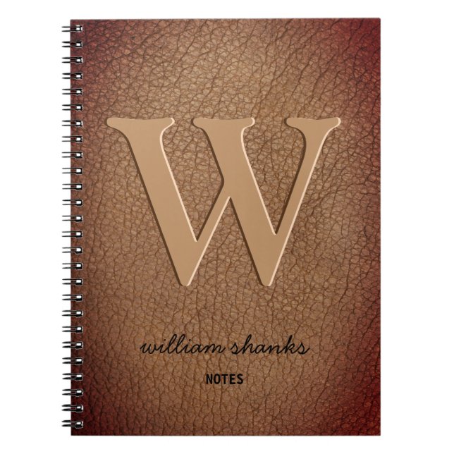 Carnet Marron cuir Rustique monogramme nom en script noir (Devant)