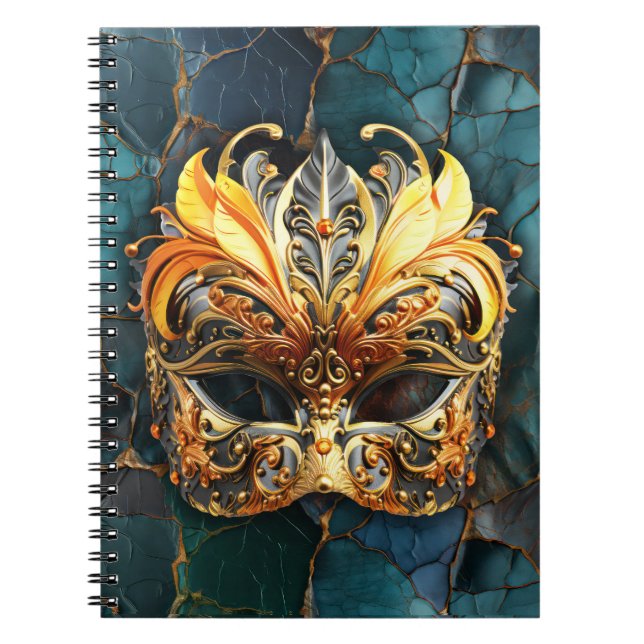 Carnet Masque d'or sur fond de veines Turquoises (Devant)