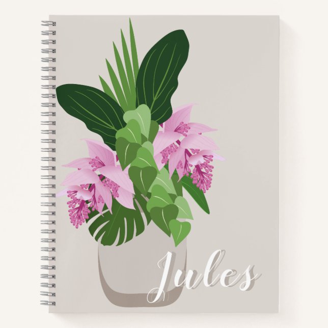 Carnet Medinilla Tropical Fleur rose en Vase Beige Nom (Devant)