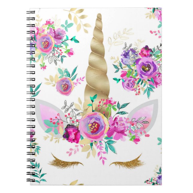 Carnet Menthe, pourpre, licorne florale d'or (Devant)