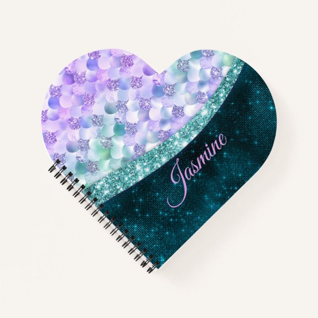 Carnet Mermaid peau turquoise argent faux parties scintil (Devant)