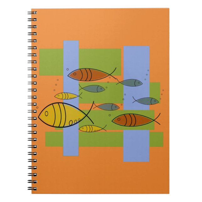 Carnet Mid Century Moderne Retro Poissons Nage sur Orange (Devant)