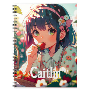 Carnet Mignonne Anime Girl Mange des fraises Jour d'été