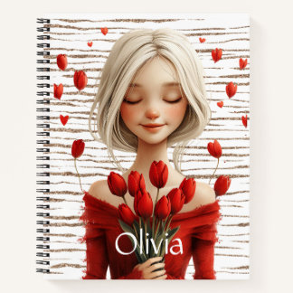 Carnet Mignonne fille en robe rouge avec tulipes