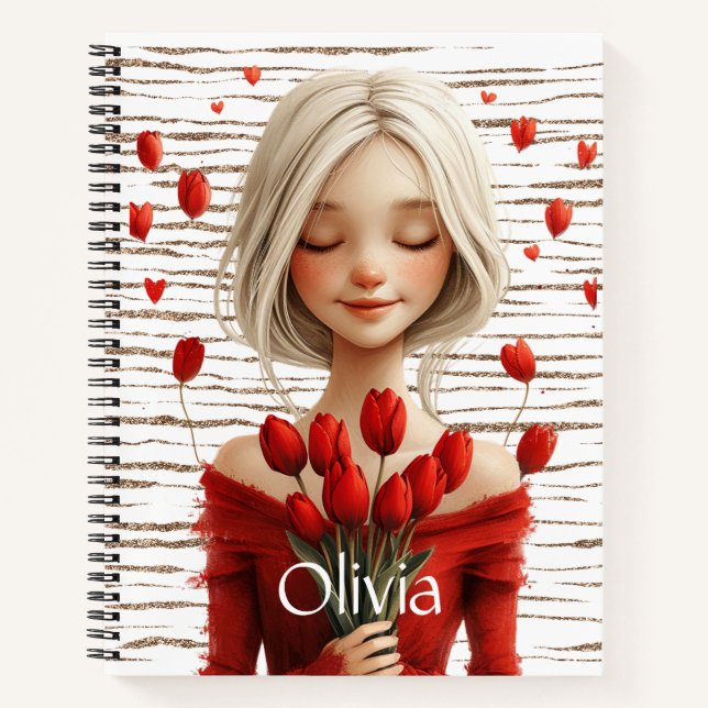 Carnet Mignonne fille en robe rouge avec tulipes (Devant)