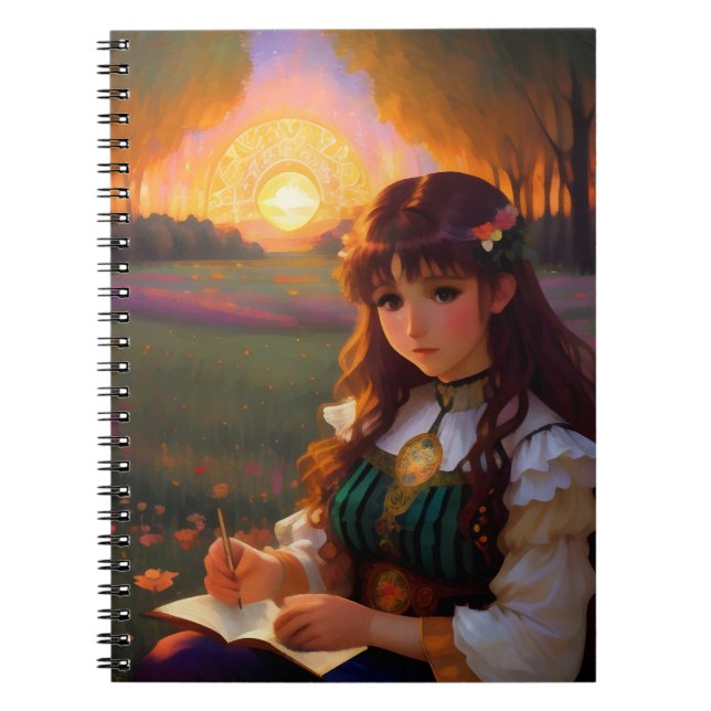 Carnet Mignonne Sad Anime Style Femme dans le pré au couc (Devant)