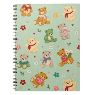 Carnet Mignons ours en peluche et fleurs sur fond vert me