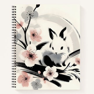 Carnet Minimalist Zen Ink Bunny Cherry Blossoms