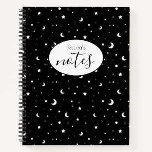 Carnet Minuscules lunes et étoiles Nom personnalisé Noir