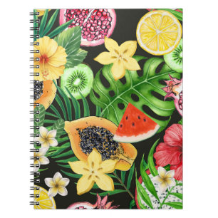 Carnet Mix-fruits tropicaux, fleurs et feuilles en noir