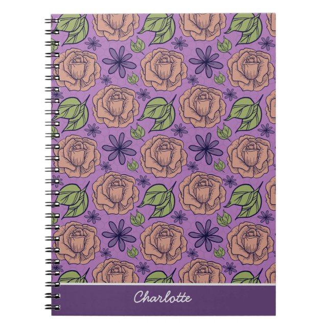 Carnet Modèle fleuri violet grande fleur avec nom (Devant)
