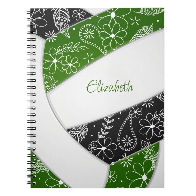 Carnet modèle floral doodé vert noir volleyball boho noir (Devant)