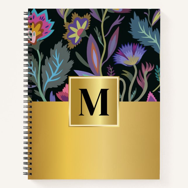 Carnet Modèle floral noir initial féminin Or élégant (Devant)