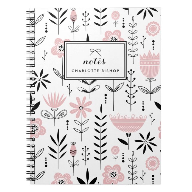Carnet Modèle floral scandinave noir et rose (Devant)
