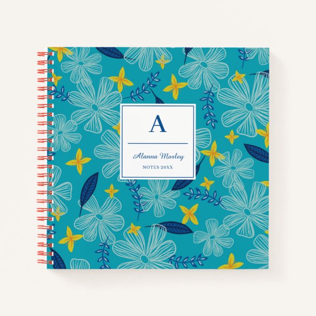 Carnet Modèle floral tropicale turquoise - Monogramme (Devant)