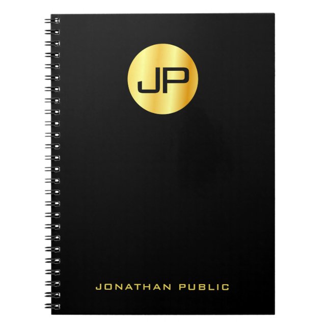 Carnet Modèle noir personnalisé Elegant Gold Monogramme (Devant)