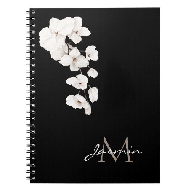 Carnet Modern Black and White Orchid Floral Monogram (Devant)