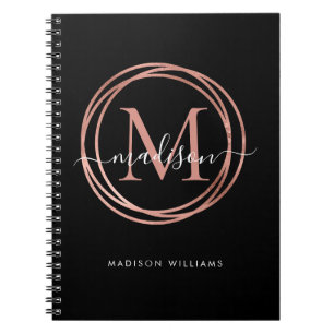 Carnet Modern Black Rose Gold Blush Pink Monogram Circle