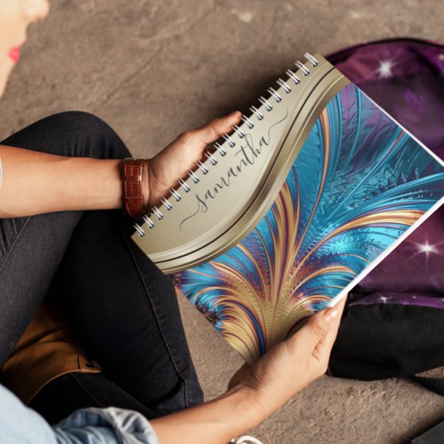 Carnet Modern Fractal Blue Gold Handwritten Name (Créateur téléchargé)
