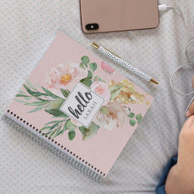 Carnet Modern Watercolor Pink Flowers & Hello & Nom (Créateur téléchargé)