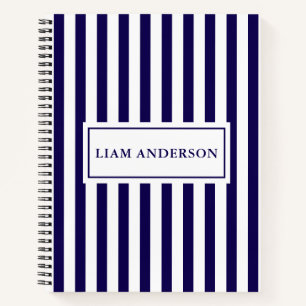 Carnet Moderne Chic Marine Bleu & Blanc Rayures Verticale