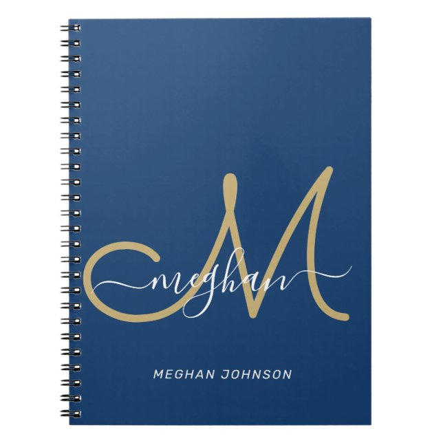 Carnet Moderne Chic Marine Or Monogramme Script (Devant)