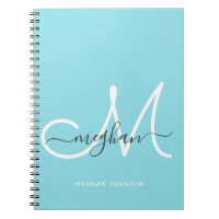 Moderne Chic Monogramme Script Blanc Bleu Clair