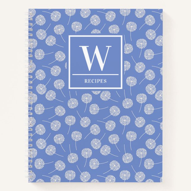 Carnet Moderne Corfleur Bleu Dandelion Monogramme Recette (Devant)