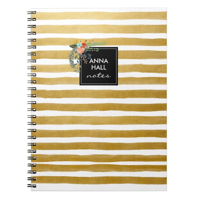 Carnet moderne Floral et Gold Foil Stripes (Devant)