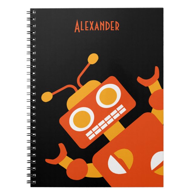 Carnet Moderne frais personnalisé par robot noir orange (Devant)